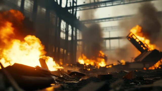 Burning Warehouse: A dramatic scene of a warehouse engulfed in flames, thick smoke billowing into the air, and the remnants of destruction scattered across the scene.
