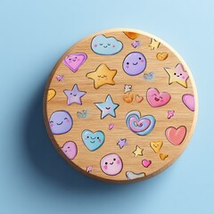 Round Wooden Surface with Cute Cartoon Star and Heart Designs.