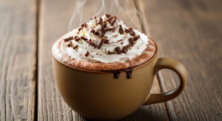 A steaming mug of hot chocolate topped with whipped cream and chocolate shavings on a wooden table