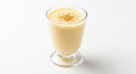 A glass of creamy eggnog garnished with a sprinkle of nutmeg on a white background