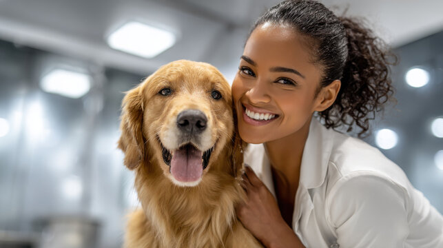 Happy veterinarian with golden retriever at a pet spa or clinic. A smiling vet and a happy dog share a moment of affection, showcasing the bond between them - Powered by Adobe
