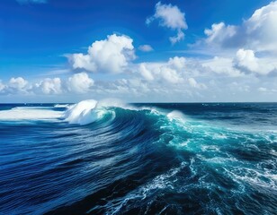 The ocean with big waves and a blue sky filled with fluffy clouds. Generated with AI