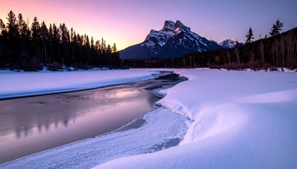 A serene winter landscape featuring a snow-covered mountain range under a pastel sunrise sky, with a partially frozen river reflecting the soft light.