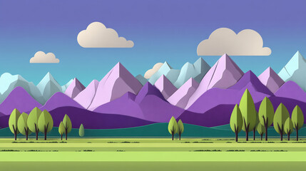 A stylized landscape featuring rolling green hills in the foreground with a single prominent tree, set against a majestic purple mountain range under a light blue sky.

