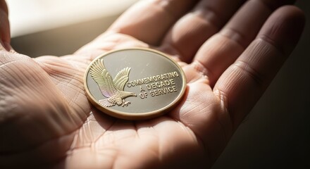 A hand holding a commemorative token with gentle lighting