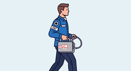 An emergency medical technician emt in uniform carrying portable defibrillator, ready to provide lifesaving assistance in critical situation
