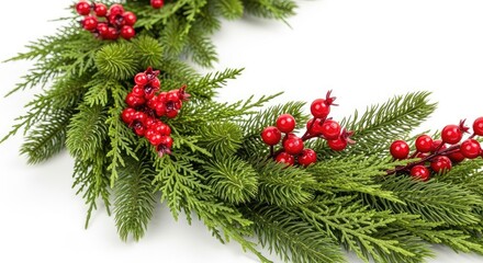 A close-up of a green Christmas garland decorated with red berries on a white background
