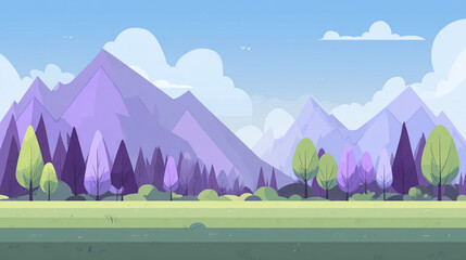 A stylized landscape featuring rolling green hills in the foreground with a single prominent tree, set against a majestic purple mountain range under a light blue sky.
