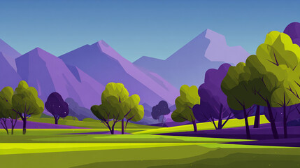 A stylized landscape featuring rolling green hills in the foreground with a single prominent tree, set against a majestic purple mountain range under a light blue sky.
