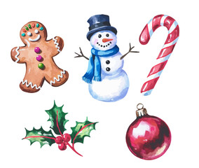 Watercolor Christmas Ornaments Collection: Gingerbread Man with Colorful Candies, Red-White Striped Candy Cane, Holly Sprigs with Berries, Snowman in Blue Hat & Scarf, and Red Shiny Christmas Bauble
