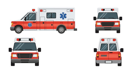 Ambulance vehicle shown from multiple angles including front, side, and rear views, highlighting emergency medical transport services, isolated on