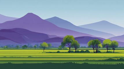 A stylized landscape featuring rolling green hills in the foreground with a single prominent tree, set against a majestic purple mountain range under a light blue sky.
