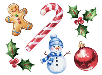 Watercolor Christmas Ornaments Collection: Gingerbread Man with Colorful Candies, Red-White Striped Candy Cane, Holly Sprigs with Berries, Snowman in Blue Hat & Scarf, and Red Shiny Christmas Bauble