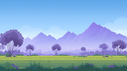 A stylized landscape featuring rolling green hills in the foreground with a single prominent tree, set against a majestic purple mountain range under a light blue sky.
