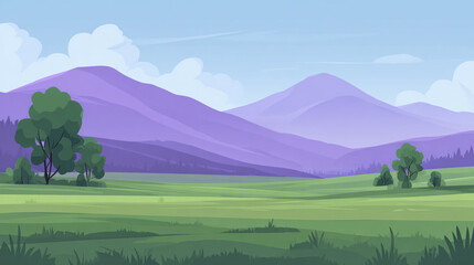 A stylized landscape featuring rolling green hills in the foreground with a single prominent tree, set against a majestic purple mountain range under a light blue sky.
