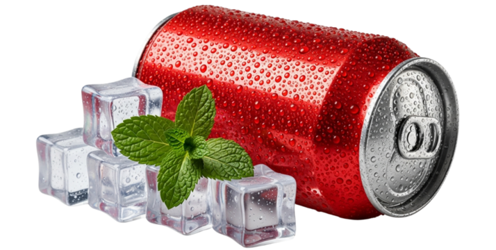 Cold refreshing red soda can with ice cubes and mint leaves
