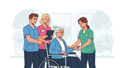 Group healthcare professionals, including nurses and doctor, assist an elderly woman in wheelchair, showing compassionate care and support in medical or nursing home setting