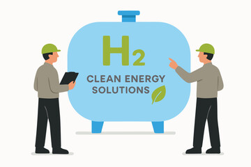 Engineers inspecting sustainable hydrogen energy tank for clean power solutions and a greener future in modern industry