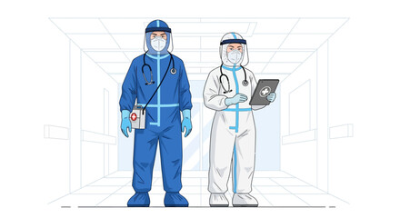Two medical professionals in full protective suits, one holding tablet and the other stethoscope, standing in hospital corridor, representing healthcare workers during pandemic