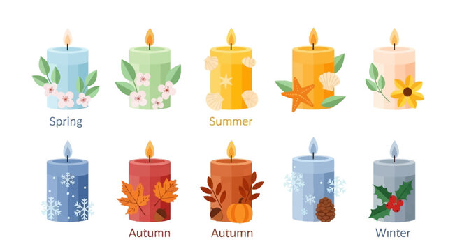 Set of twelve colorful candles representing the four seasons, with floral and autumnal motifs for spring and fall, and snowflakes and berries for winter and summer