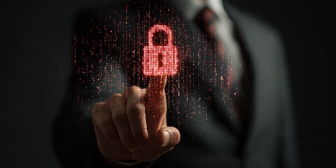 Businessman touches digital padlock formed from binary code symbolizing cybersecurity and data protection
