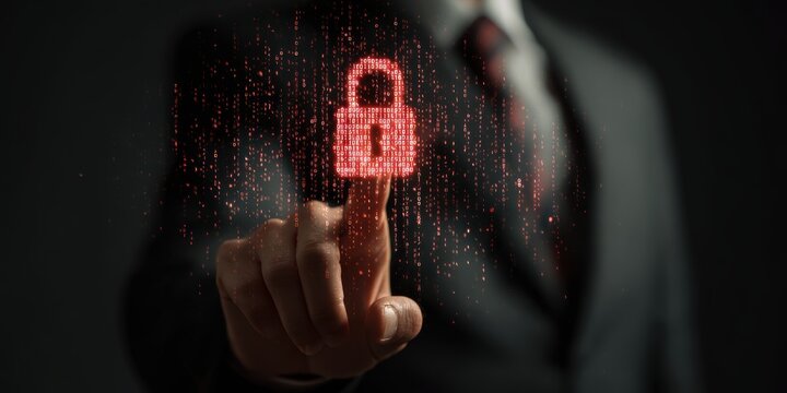 Businessman touches digital padlock formed from binary code symbolizing cybersecurity and data protection