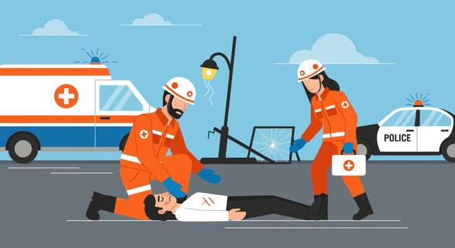 Emergency responders providing first aid to an injured person on the street, with an ambulance and police car in the