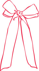 Minimalist long ribbon bow line art illustration &mdash; elegant Christmas decoration with extended tails, simple Scandinavian holiday graphic, modern outline vector for seasonal design projects.