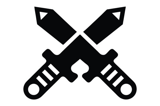 Two crossed daggers intersect, creating a bold black emblem on a stark white background