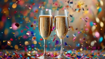 Two glasses of sparkling wine with falling confetti at a celebration.