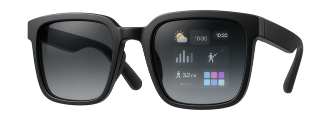 Trendy smart glasses featuring large square lenses and augmented reality interface.