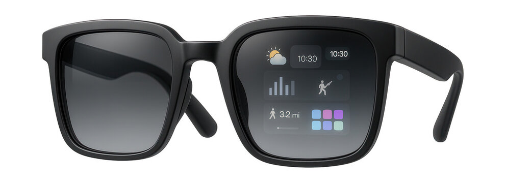 Trendy smart glasses featuring large square lenses and augmented reality interface.