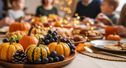 Close-up of gourd, grape, pine cone on wood plate, and food. Represents the autumnal harvest festival, showcasing community and gratitude celebration