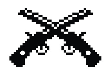 Two crossed pixelated black dueling pistols create an old west symbol on a white background