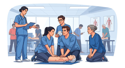 Group people practicing cpr on dummy during first aid training session, with instructors guiding them, emphasizing lifesaving skills and emergency preparedness