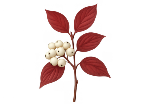 Botanical illustration of a dogwood branch displaying vibrant red foliage and clusters of white berries, symbolizing autumn beauty