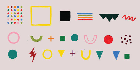 Abstract geometric shapes and patterns in bright colors on a light background modern design elements