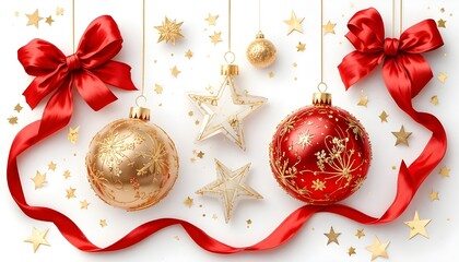 set of christmas ball decoration with red and gold ribbon and stars isolated on white or transparent png