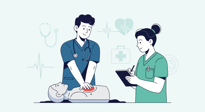 Two medical professionals practicing cpr on training dummy, with medical icons in the, illustrating healthcare training and emergency response skills