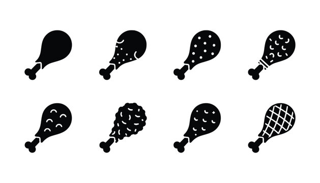 Different styles of chicken drumsticks black and white vector icons