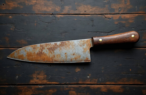 Old rusty chef knife with wooden handle rests on dark weathered planks. Metal blade shows heavy patina texture. Tool has aged appearance, looks antique. Perfect for kitchen, history, or grunge themes. - Powered by Adobe
