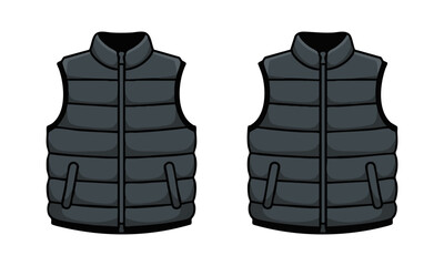 Black puffer vest front and back vector template
 illustration, easily editable. 