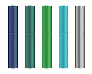 Set of cosmetic tubes. Mascara, liquid eye liner. Midnight blue, green, turquoise, and silver bottles