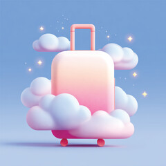 Whimsical 3D illustration of a pink suitcase floating in fluffy clouds. Perfect for travel, vacation dreams, airline branding, and creative travel concepts. Vector illustration