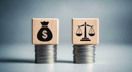 Money and justice balance concept with wooden blocks on coins on gray background
