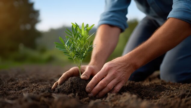 Gardener plants a small sapling with care in dark fertile soil for a sustainable and flourishing future promoting earth day awareness
