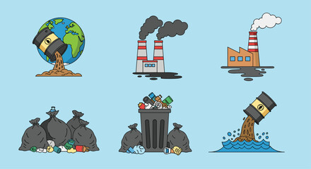 Illustrative depiction of various forms of environmental pollution including industrial emissions, waste disposal, and oil spills impacting the planet.