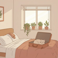 Adorable cat curled up in an open suitcase on a cozy bed beside plants and window. Warm peaceful illustration symbolizing travel, comfort, and home life.. Vector illustration