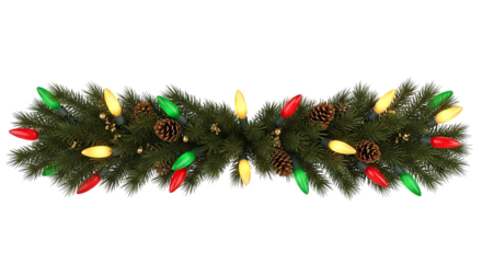 Transparent background christmas garland with pine cones and colorful lights isolated on transparent background