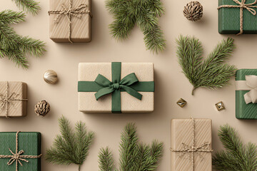 Modern flat lay of wrapped gift boxes with simple ribbons, surrounded by pine branches and small geometric ornaments, clean studio lighting, warm beige and forest green colors